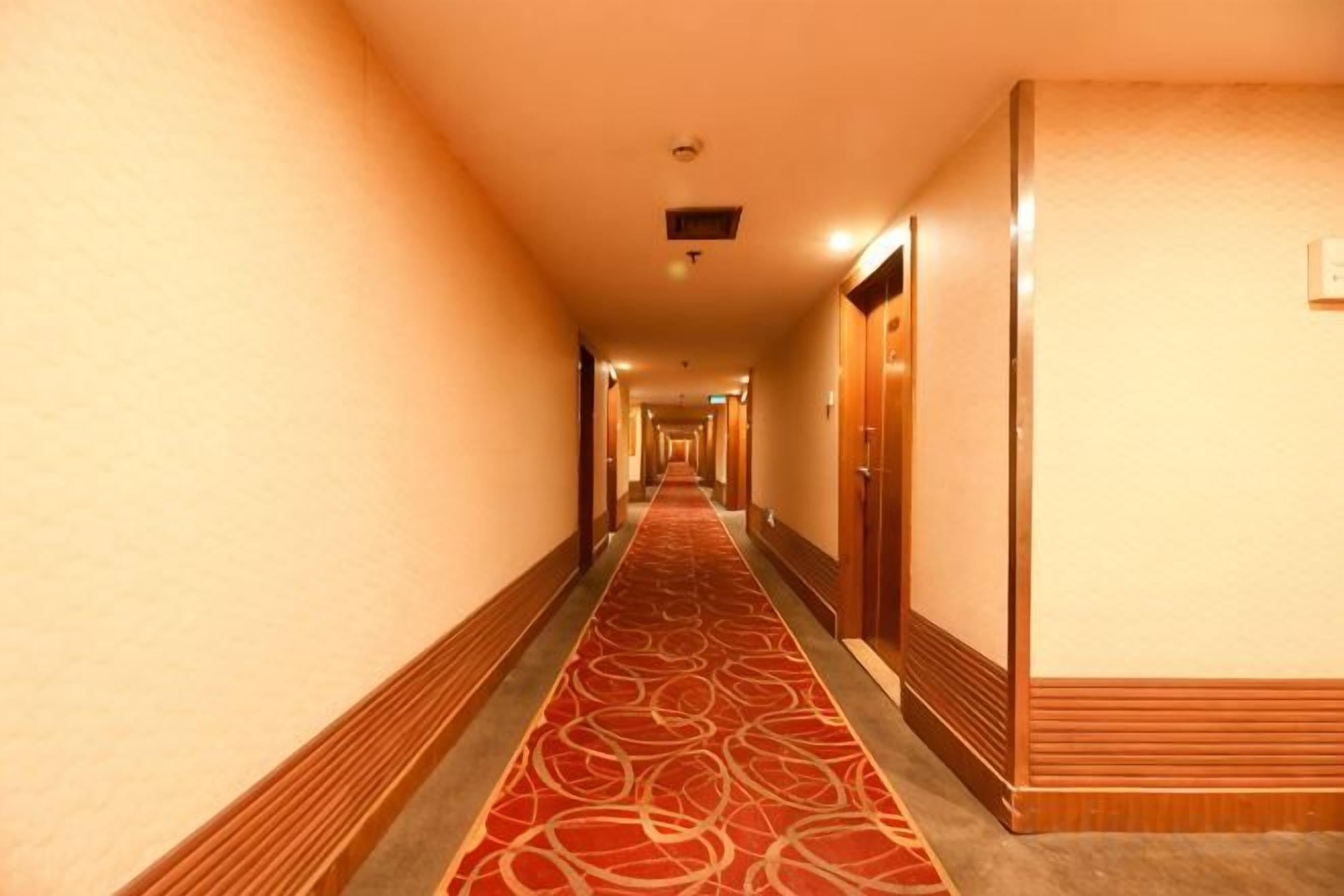 A hotel corridor with a carpeted floor, doors on both sides, and a light fixture on the ceiling.