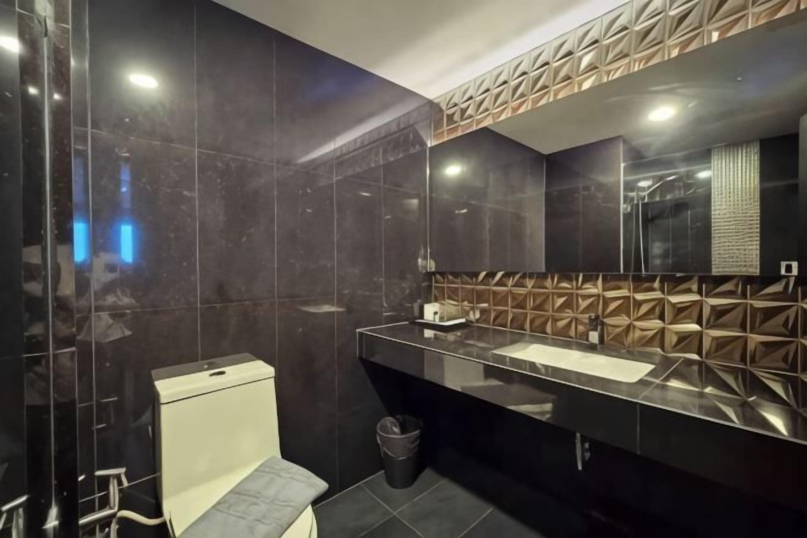 A modern bathroom with a large mirror, a toilet, and a sink.