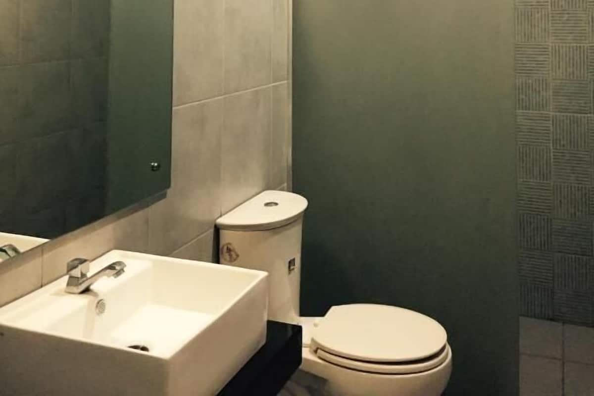 Une salle de bain avec un lavabo, des toilettes et une douche.