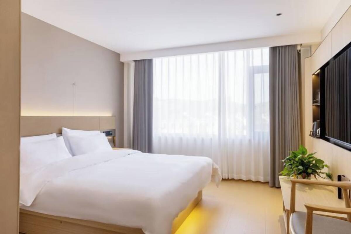 A modern hotel room with a bed, a desk, a chair, a plant, and a TV mounted on the wall.