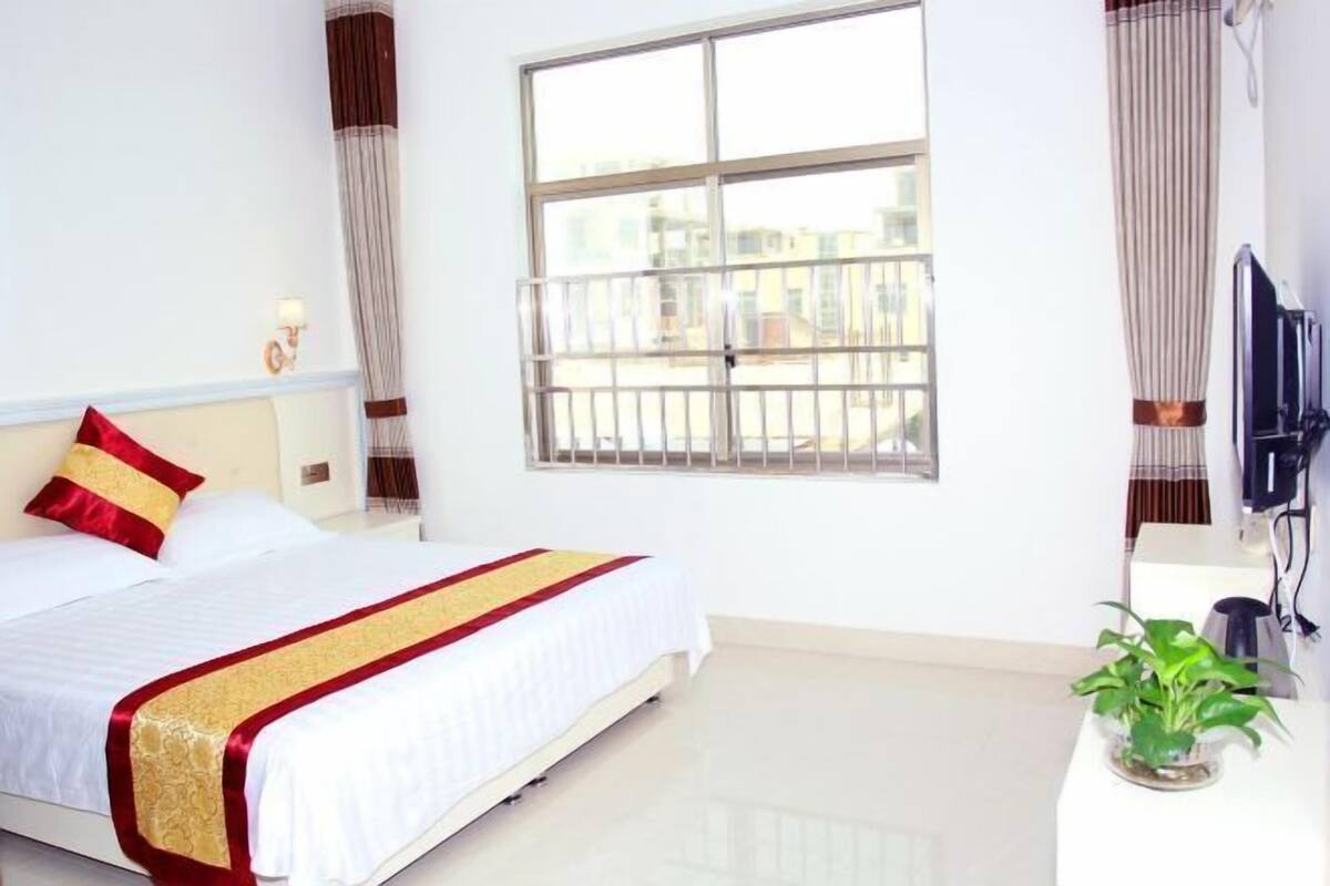 A hotel room with a bed, a window with a view, a television, and a plant.