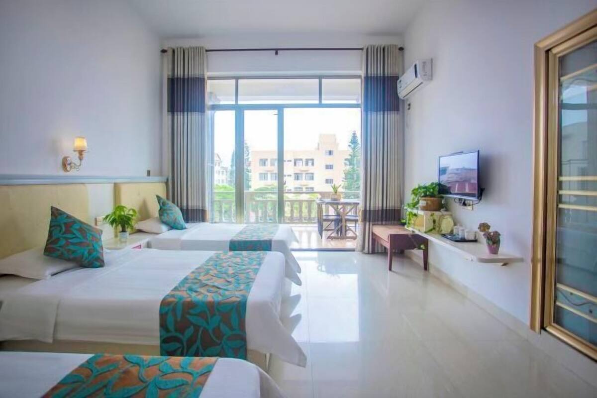 A hotel room with two beds, a balcony, a TV, and a small table with plants.
