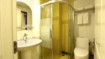 A bathroom with a glass shower enclosure, a white sink, and a toilet.