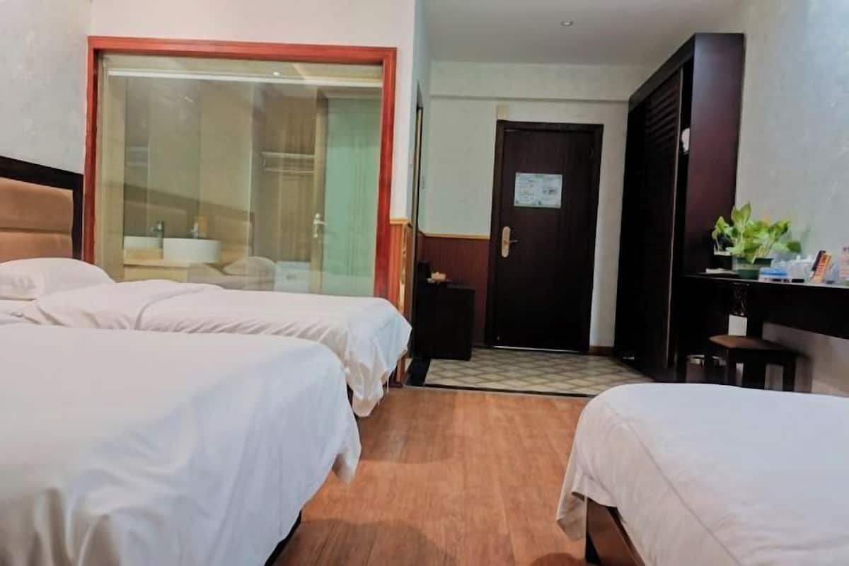 Une chambre d’hôtel avec deux lits, une armoire, un bureau et un miroir.