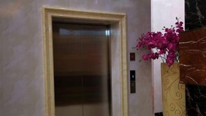 Ein Aufzug mit Marmorwand und einer dekorativen Vase mit rosa Blumen.