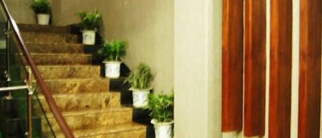 A staircase with potted plants, a wooden handrail, and a wall with vertical blinds.