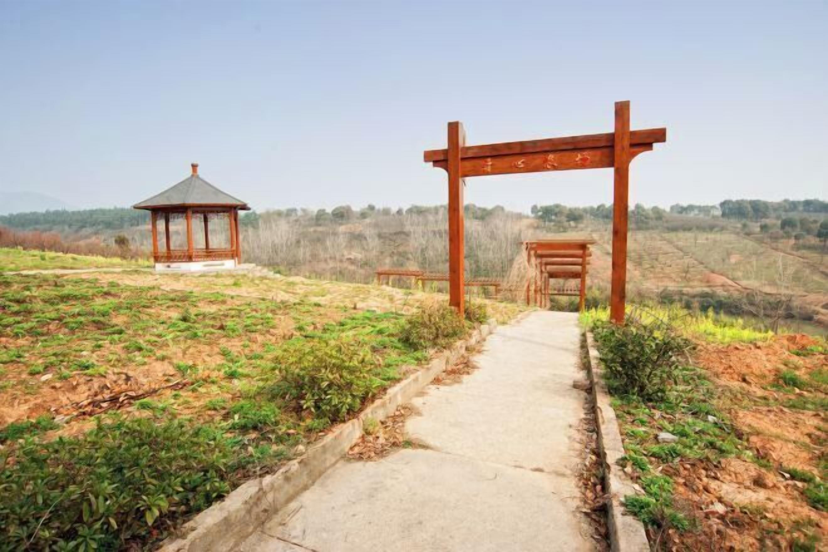A pathway leading to a gazebo and wooden pergola in a rural setting.