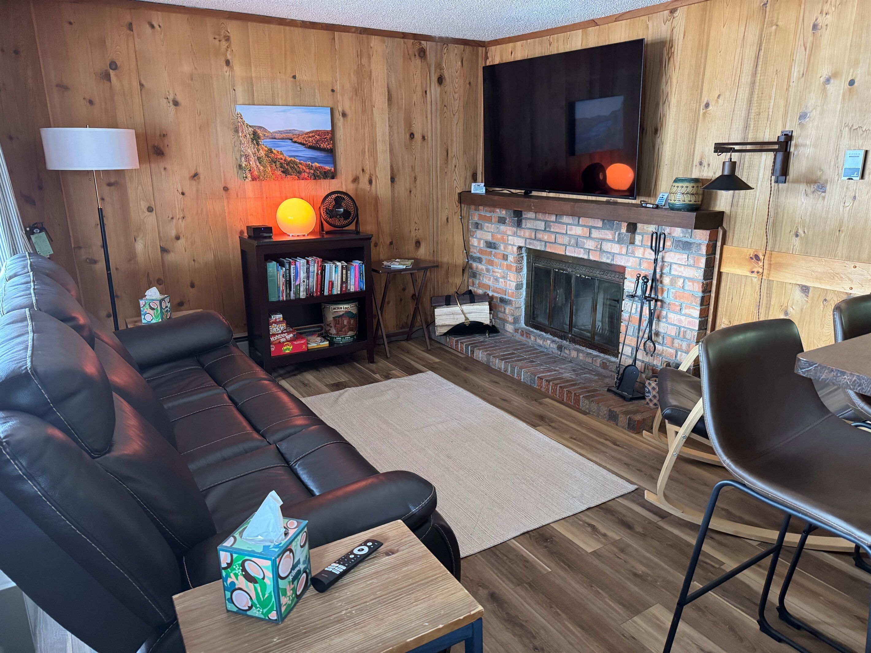 TV connectée, cheminée, livres