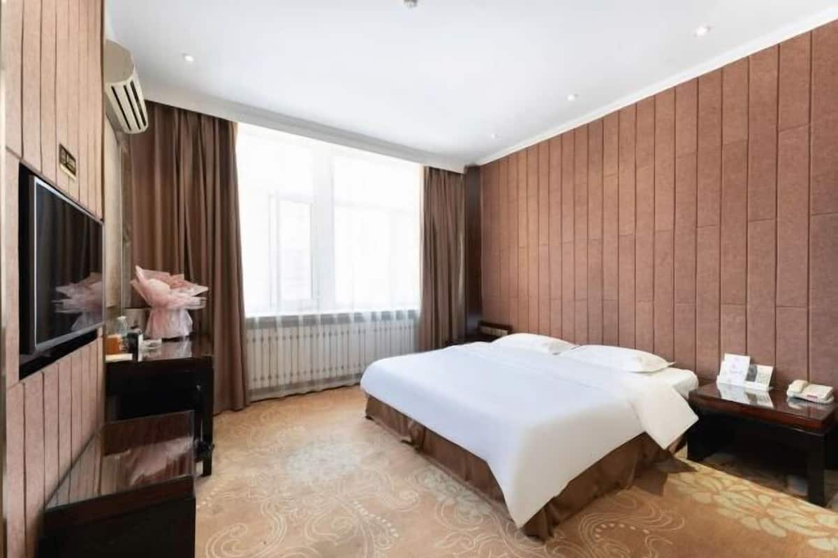 Une chambre d’hôtel avec un grand lit, une télévision, un bureau et une fenêtre avec des rideaux.