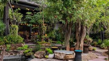 A lush garden with a wooden deck, a pond, and various plants.