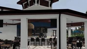 An outdoor dining area with multiple tables and chairs, a bar counter, and a covered seating area.
