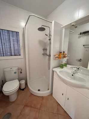 Dusche, Haartrockner, Handtücher, Seife