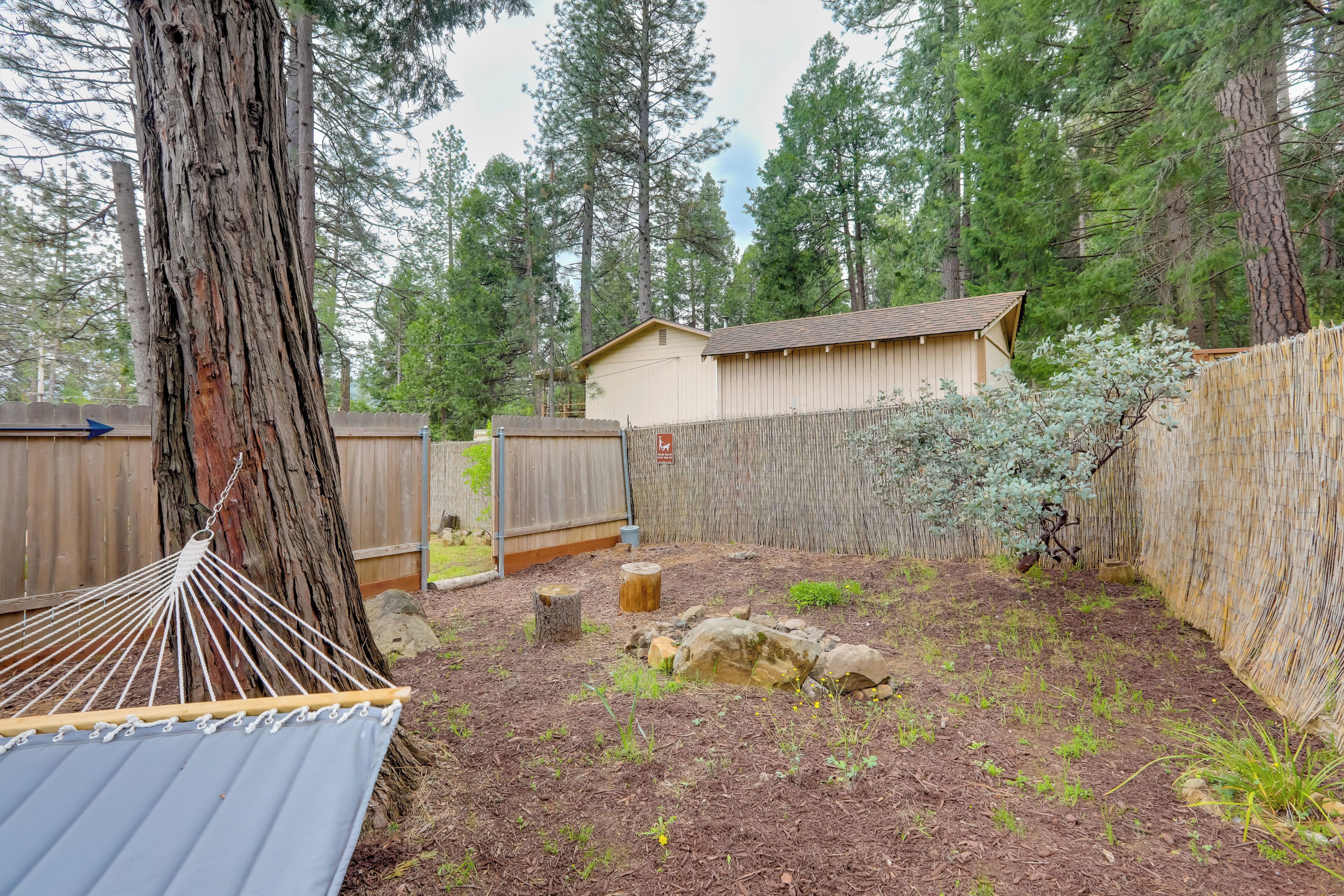 A backyard with a hammock, wooden fence, and a shed.
