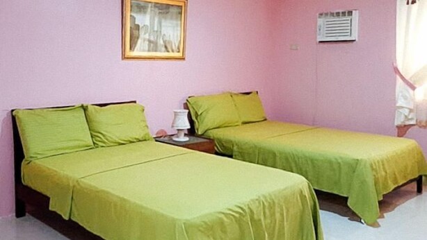 Una habitación con dos camas individuales, cada una con ropa de cama verde, una mesita de noche con lámpara y un cuadro enmarcado en la pared.