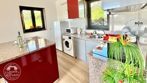 Une cuisine moderne dotée d’un plan de travail en granit, d’appareils électroménagers en acier inoxydable, d’un lave-linge encastré et d’une fenêtre donnant sur un espace verdoyant.