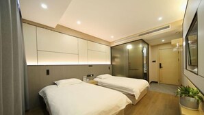 Una habitación de hotel moderna con dos camas, un espejo grande, un armario y una planta pequeña.