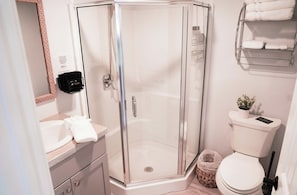 A bathroom with a glass-enclosed shower, a toilet, and a sink with a mirror.
