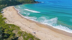 A beach with clear turquoise waters, sandy shore, and dense greenery. - Surf Watch Mollymook (Mollymook Beach)