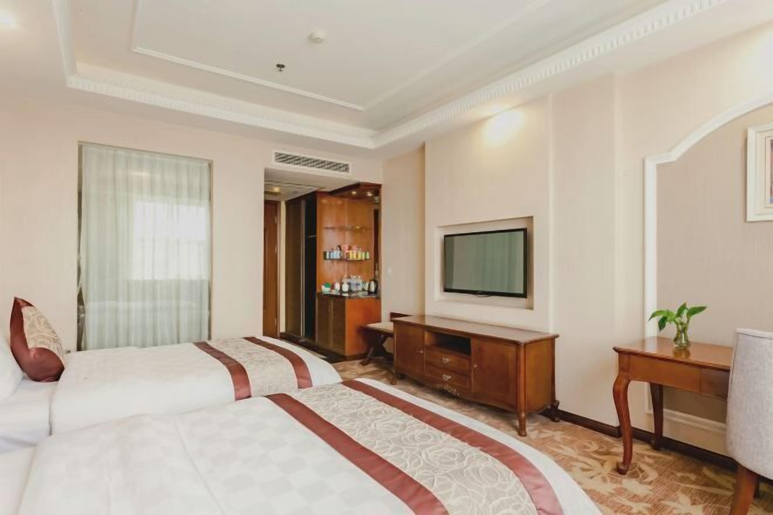 Una camera d'albergo con due letti, una televisione, un armadio in legno e un tavolino con una pianta.