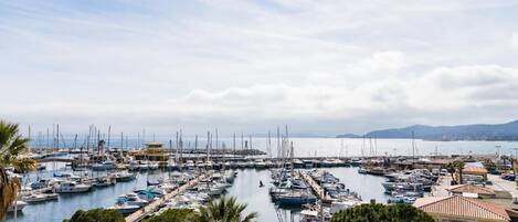 A marina with numerous boats docked, surrounded by palm trees and buildings.