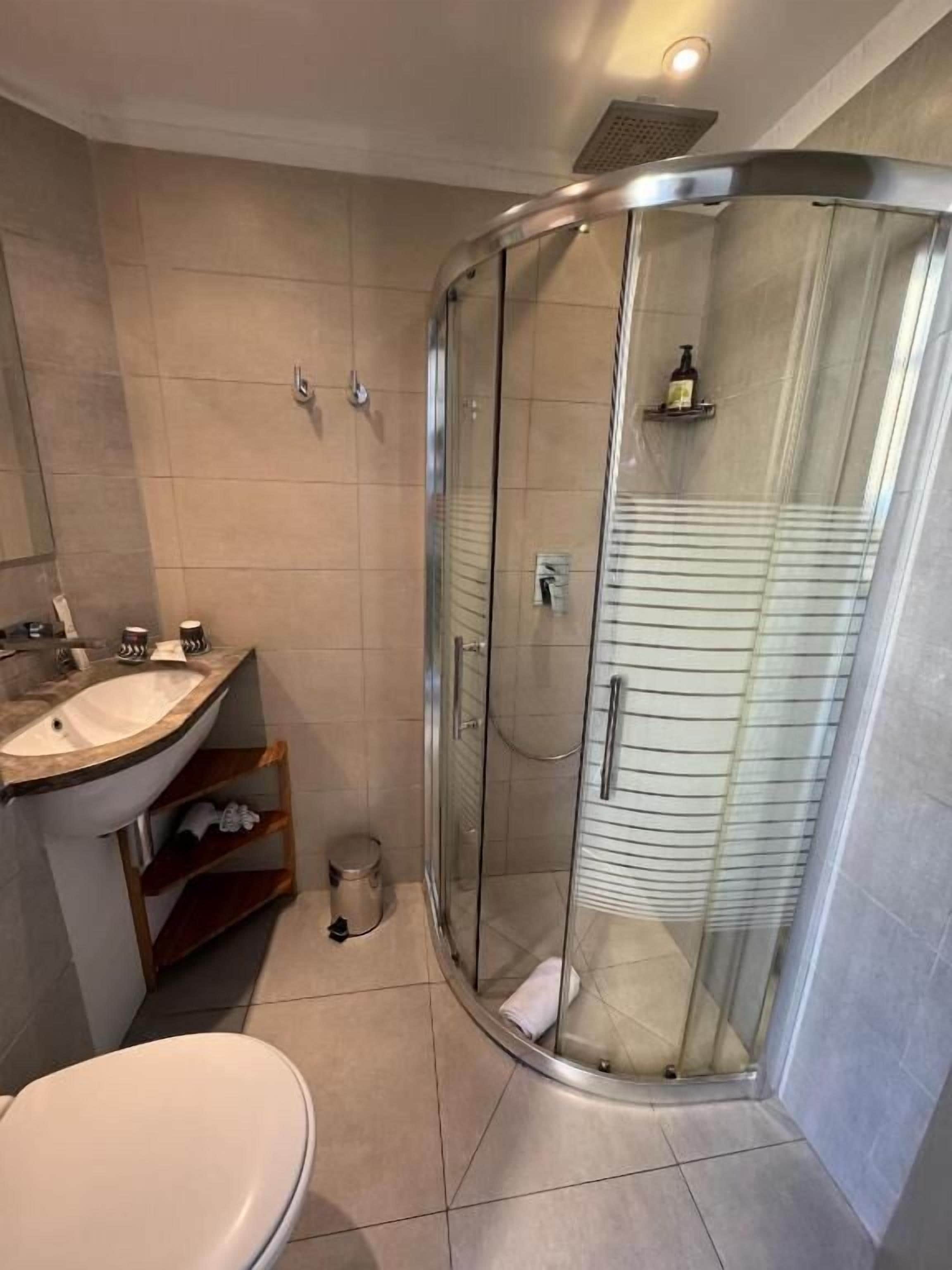 A modern bathroom with a curved glass shower enclosure, a sink with a marble countertop, and a toilet.