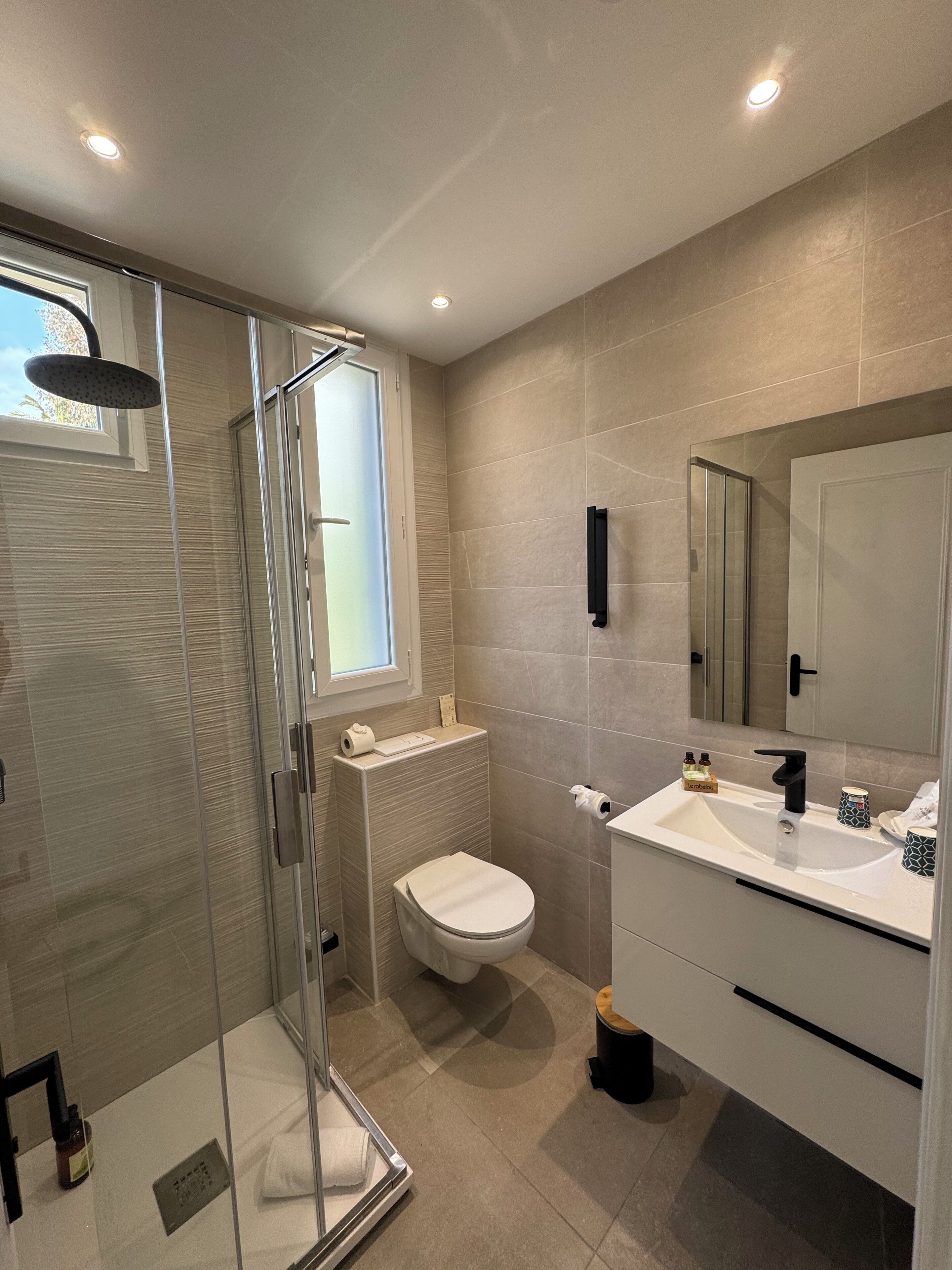 A modern bathroom with a glass-enclosed shower, a toilet, and a sink with a mirror.