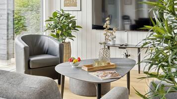 Smart TV, chimenea y tenis de mesa