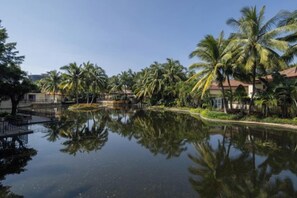 Una masa de agua tranquila que refleja palmeras y edificios, rodeada de vegetación.