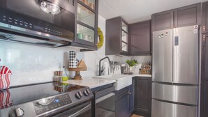 A modern kitchen with stainless steel appliances, dark cabinetry, and a two-burner stove. - Ski in/Ski out and 1 block from Main Street! (Breckenridge)