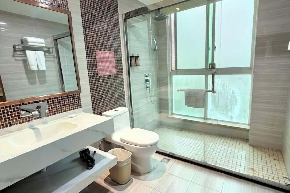 A modern bathroom with a glass shower enclosure, a large mirror, and a white sink.