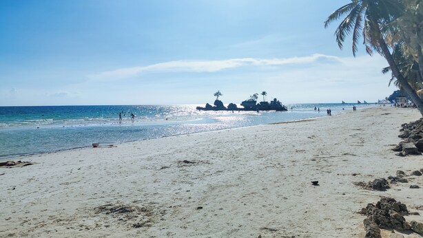 Una playa con cielos despejados, palmeras y afloramientos rocosos.