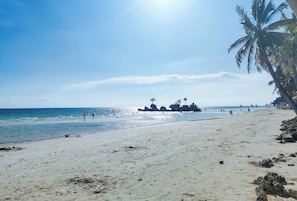 Una playa con cielos despejados, palmeras y afloramientos rocosos.