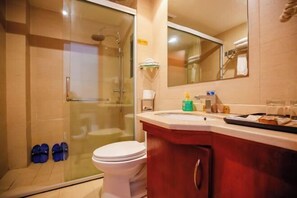 Ein Badezimmer mit einer Duschkabine, einer Toilette und einem Waschtisch mit Spiegel und Toilettenartikeln.