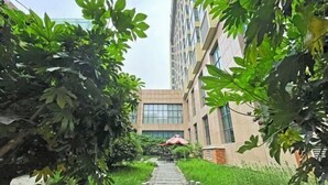 A pathway leading to a building with a modern design, surrounded by lush greenery and a red umbrella. - Anhui Construction New Era Hotel (Feidong)