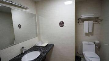 Un baño con lavamanos, espejo, inodoro y toallero.