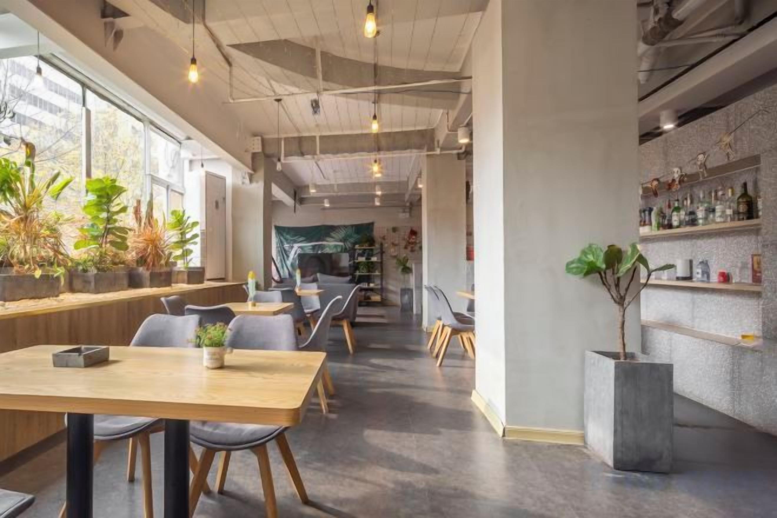 A modern interior with a bar area, seating, and potted plants.