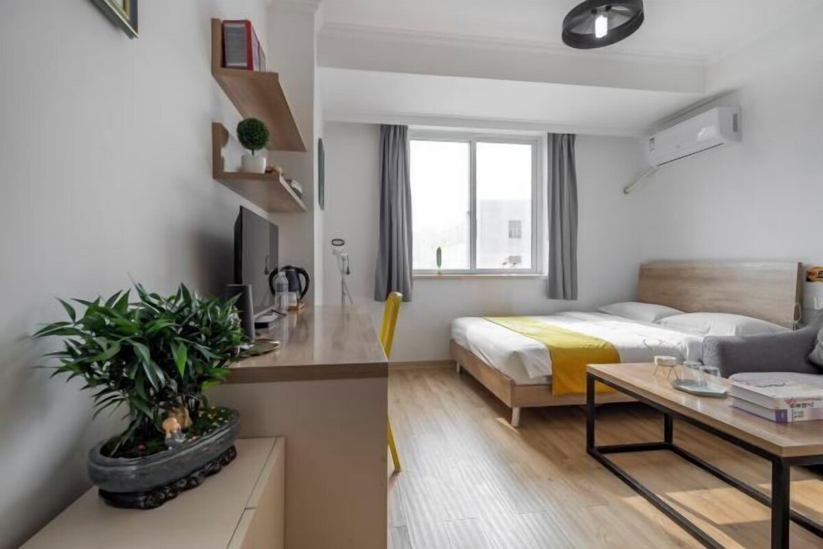 A modern hotel room with a bed, bedside table, potted plant, and a window with curtains.