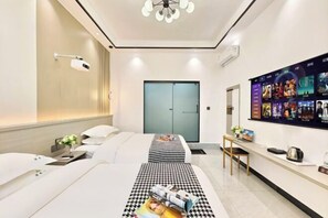 A modern hotel room with a bed, bedside table, wall-mounted TV, and a large window. - Bailuyuan Boutique Homestay (Fenghuang County)