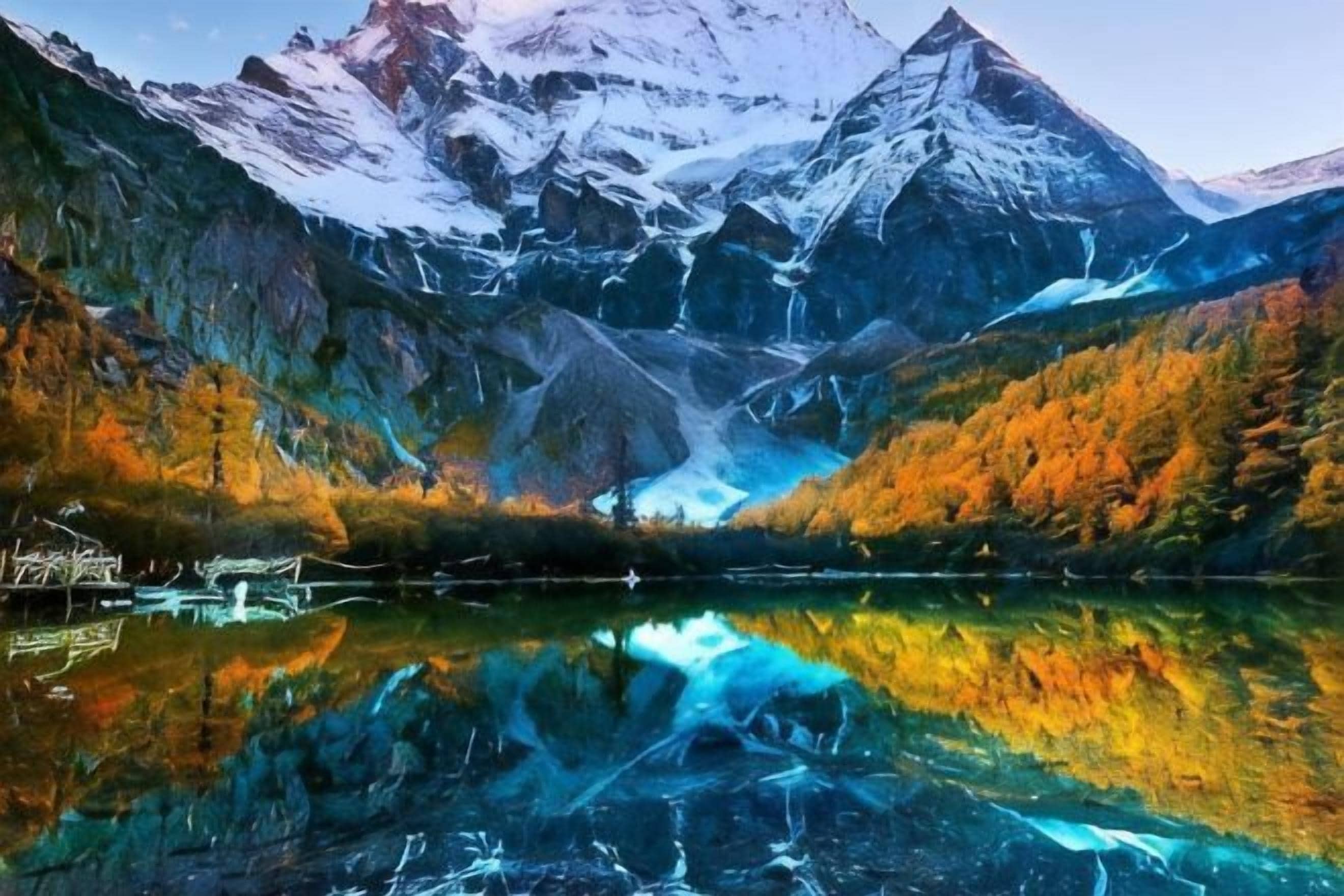 A mountain landscape with a clear lake reflecting the scenery, a cabin, and a snow-capped peak.