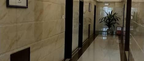 A hallway with marble walls, black doors, and a plant in the center.