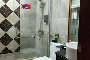 Casa de banho com chuveiro, sanita e lavatório.