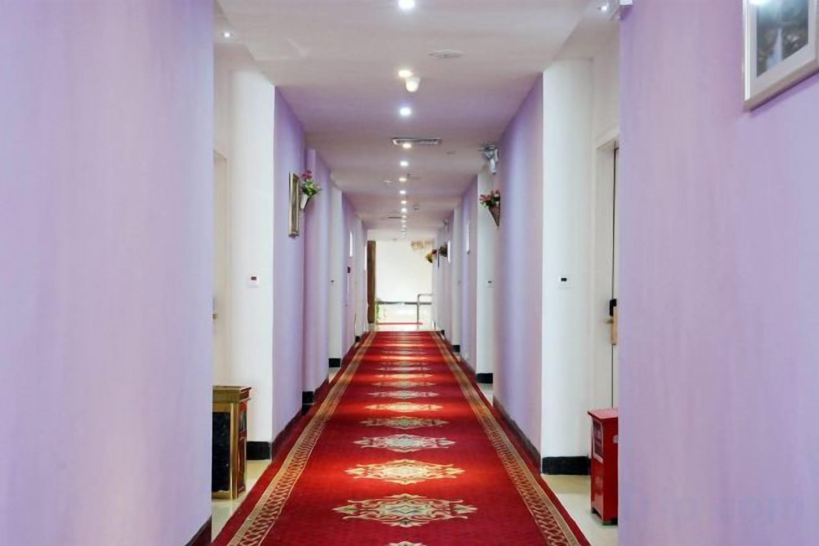 A hallway with a red carpet, white walls, and a framed picture on the right wall.