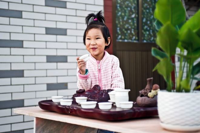 A table with a traditional tea set and a potted plant.