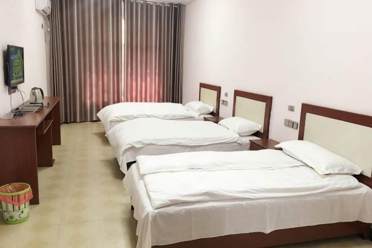 A hotel room with three beds, a desk, a TV, and a curtain.