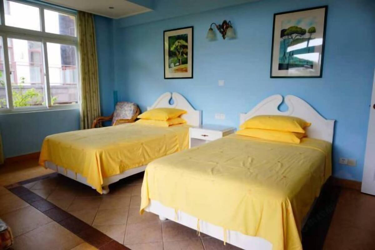 Une chambre avec deux lits, une fenêtre avec des rideaux et deux tableaux encadrés accrochés au mur.