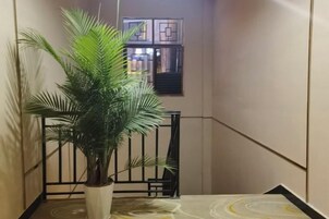 Un pasillo estrecho con una planta en maceta, una barandilla de metal negro y una ventana que ofrece vistas a un edificio.