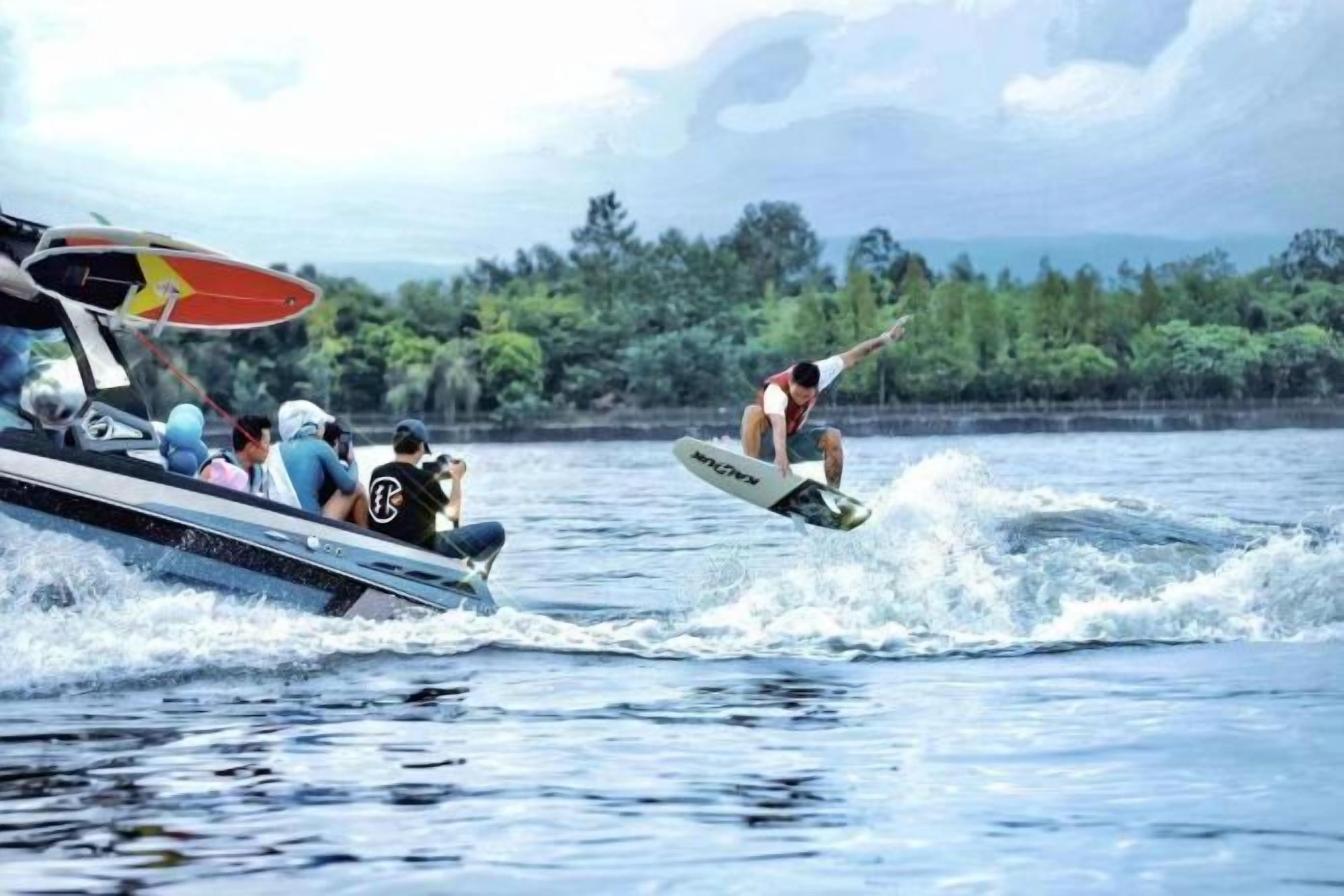 Un jet ski con pasajeros y una persona realizando un salto.