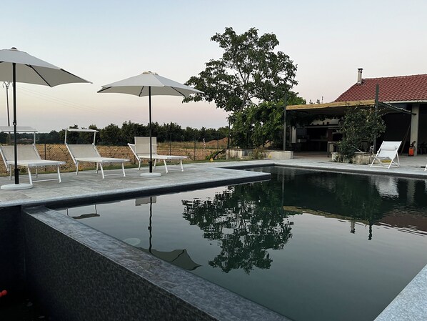 A swimming pool with lounge chairs and umbrellas, surrounded by trees and a building with a red roof.