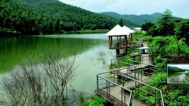 Uma estrutura de madeira à beira do lago, com telhado, rodeada por vegetação exuberante e colinas.
