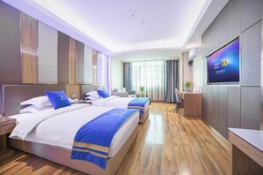 A hotel room with two beds, a TV, and a desk. - Super 8 Hotel Zepu Fatong Park (Zepu)